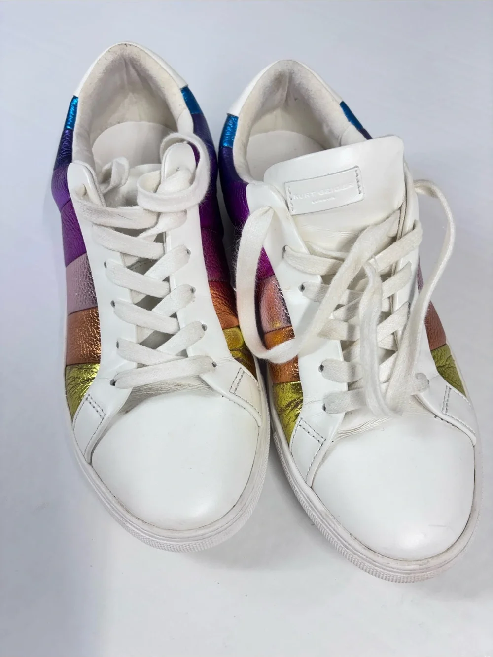 Kurt Geiger Metallic Rainbow Sneakers White Leather Iridescent Fun Leather 8.5